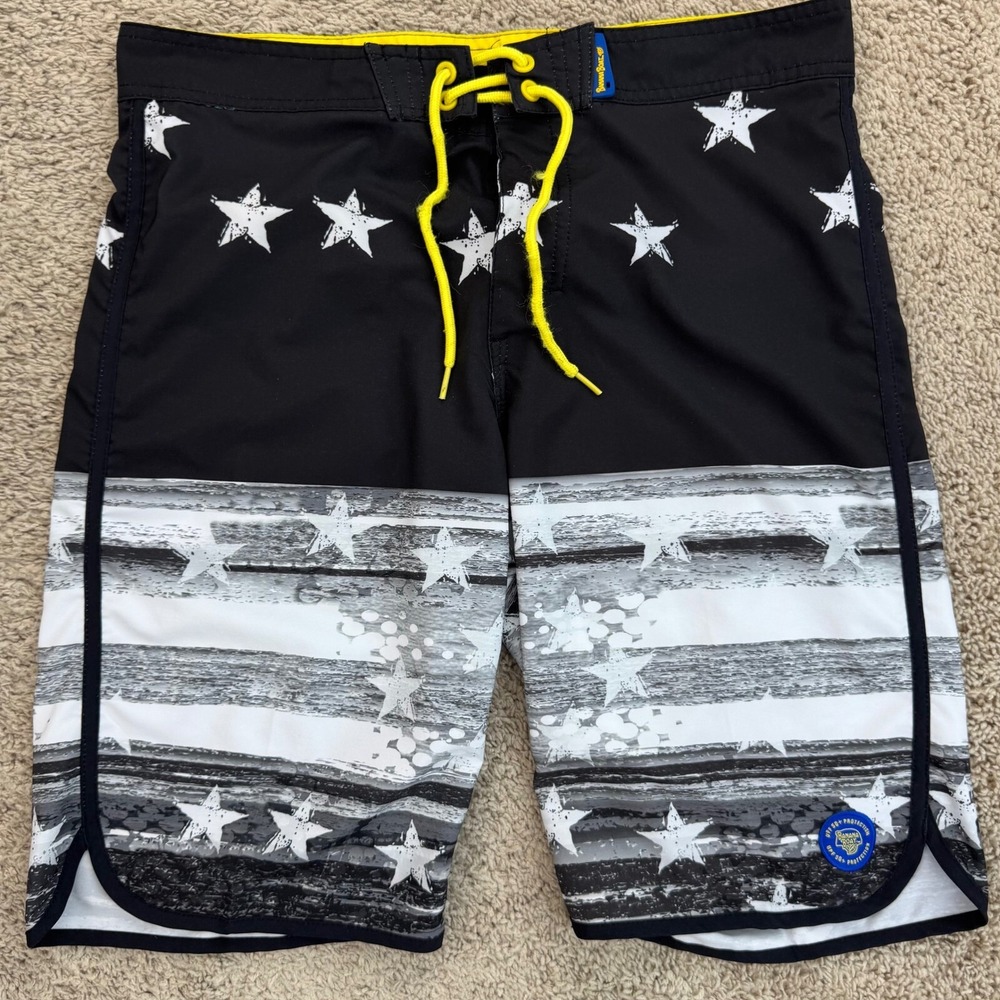 Banana Boat Swim Trunks Board Shorts Mens L Stars Stripes‎ Black Gray UPF 50+